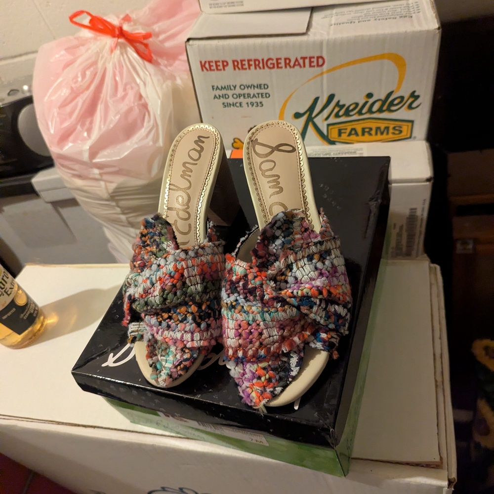 Sam Edelman Multicolor Woven Slide Mules with Coral, Teal & Purple - Picture 2 of 5